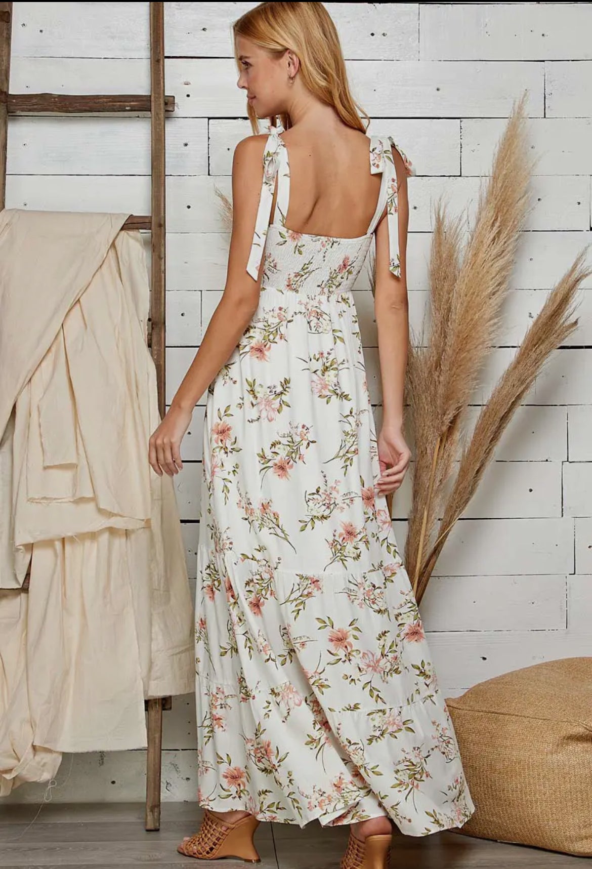Floral Smocked Maxi Dress With Tie Sleeves