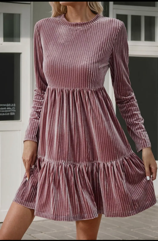 Long Sleeve Tiered Ribbed Velvet Dress