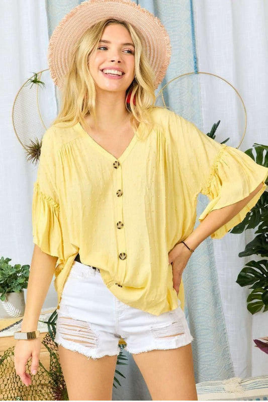 V Neck Button Up Top with Ruffle Sleeves