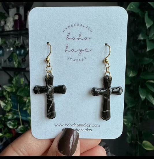 Handcrafted Marble Cross Polymer Clay Earrings